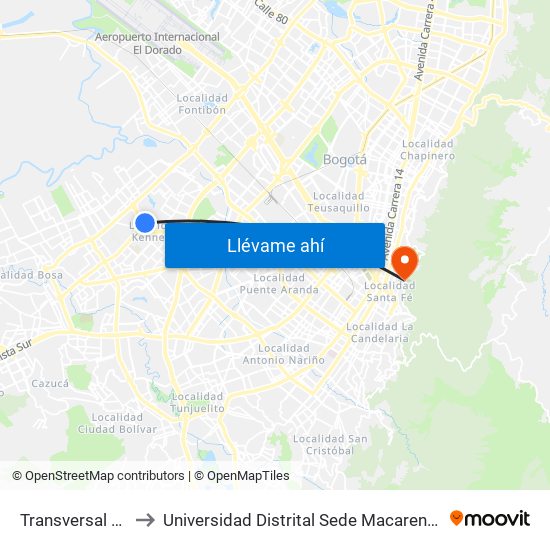 Transversal 86 to Universidad Distrital Sede Macarena A map