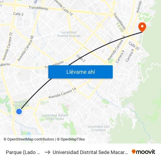 Parque (Lado Sur) to Universidad Distrital Sede Macarena A map