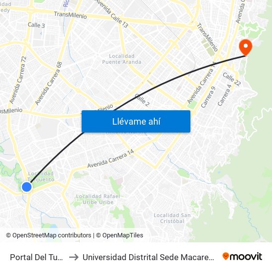 Portal Del Tunal to Universidad Distrital Sede Macarena A map