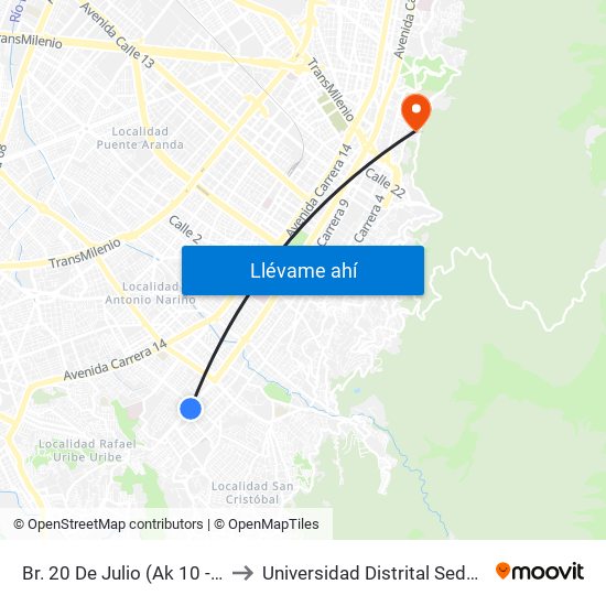Br. 20 De Julio (Ak 10 - Cl 27a Sur) to Universidad Distrital Sede Macarena A map