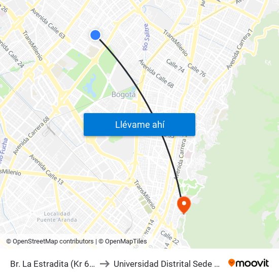Br. La Estradita (Kr 69 - Cl 65) to Universidad Distrital Sede Macarena A map