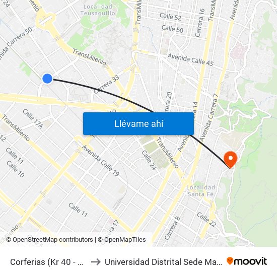 Corferias (Kr 40 - Cl 22a) to Universidad Distrital Sede Macarena A map