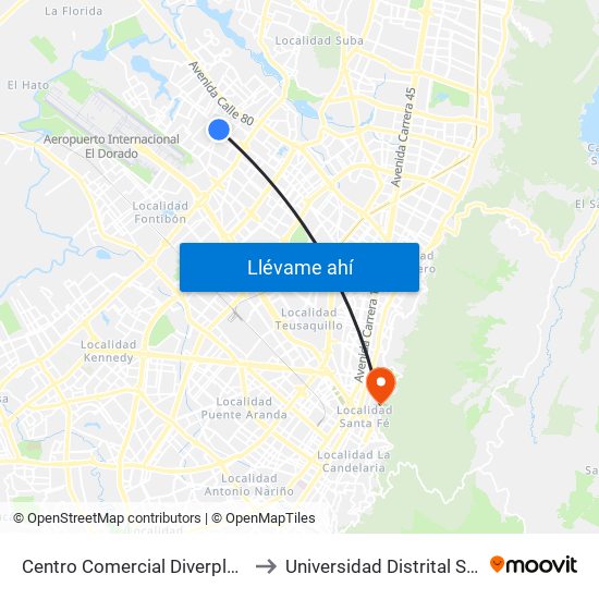 Centro Comercial Diverplaza (Kr 96 - Cl 71c) to Universidad Distrital Sede Macarena A map