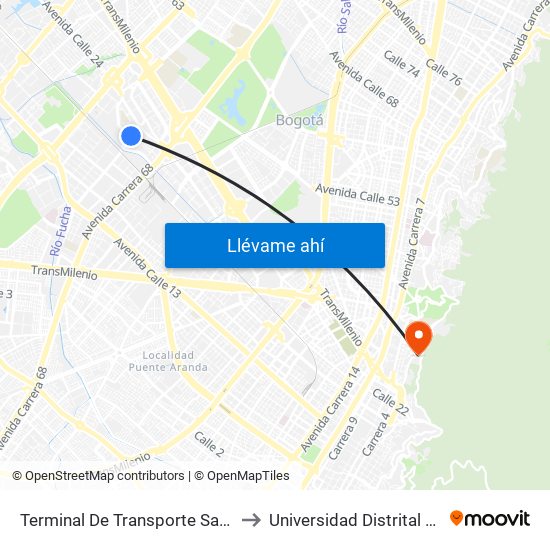 Terminal De Transporte Salitre (Kr 68d - Cl 22c) to Universidad Distrital Sede Macarena A map