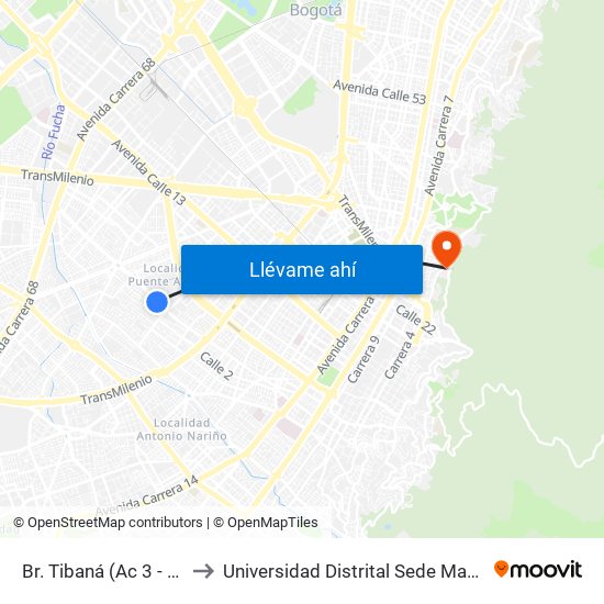 Br. Tibaná (Ac 3 - Kr 38) to Universidad Distrital Sede Macarena A map