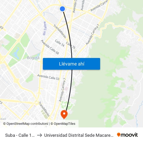 Suba - Calle 100 to Universidad Distrital Sede Macarena A map