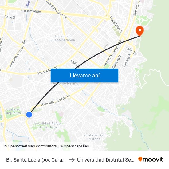 Br. Santa Lucía (Av. Caracas - Cl 45 Sur) to Universidad Distrital Sede Macarena A map