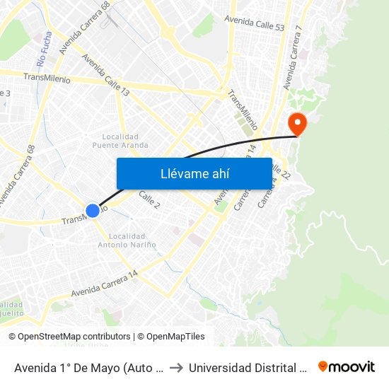 Avenida 1° De Mayo (Auto Sur - Av. 1 De Mayo) to Universidad Distrital Sede Macarena A map