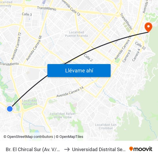 Br. El Chircal Sur (Av. V/cio - Kr 22g) (A) to Universidad Distrital Sede Macarena A map