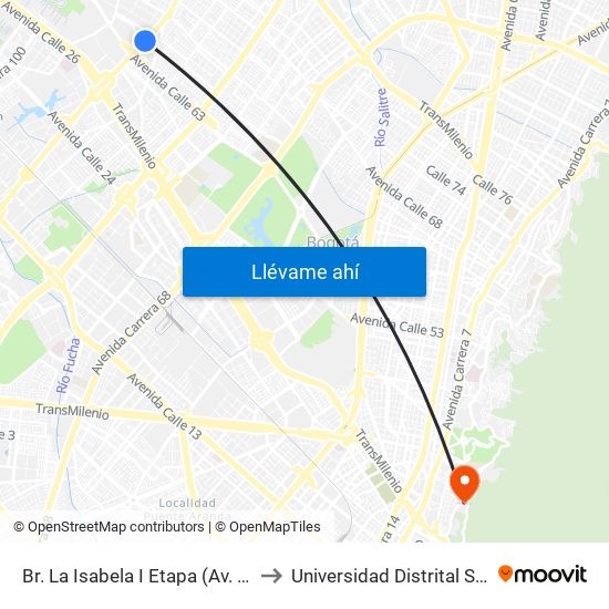 Br. La Isabela I Etapa (Av. C. De Cali - Cl 64g) to Universidad Distrital Sede Macarena A map