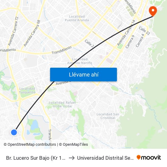 Br. Lucero Sur Bajo (Kr 17m - Cl 69a Sur) to Universidad Distrital Sede Macarena A map