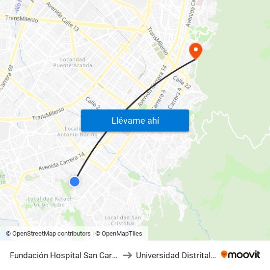 Fundación Hospital San Carlos (Cl 31a Sur - Kr 12b) to Universidad Distrital Sede Macarena A map