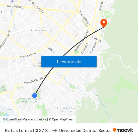 Br. Las Lomas (Cl 37 Sur - Kr 12a) to Universidad Distrital Sede Macarena A map