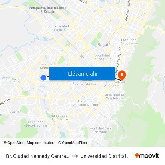 Br. Ciudad Kennedy Central (Cl 40 Sur - Kr 77a) to Universidad Distrital Sede Macarena A map