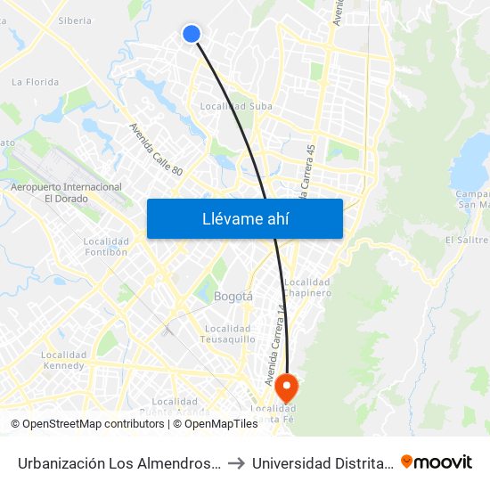 Urbanización Los Almendros Norte (Cl 152b - Kr 114d) to Universidad Distrital Sede Macarena A map