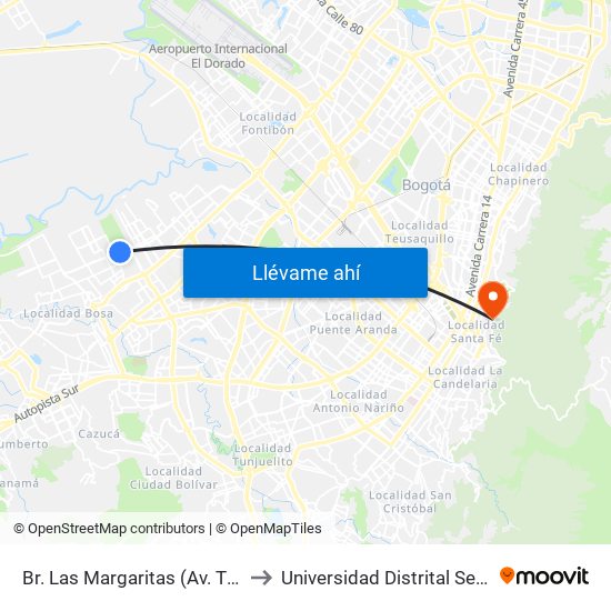 Br. Las Margaritas (Av. Tintal - Cl 49 Sur) to Universidad Distrital Sede Macarena A map