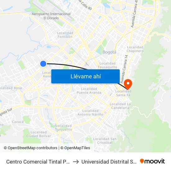 Centro Comercial Tintal Plaza (Kr 87a - Cl 6) to Universidad Distrital Sede Macarena A map