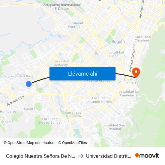 Colegio Nuestra Señora De Nazareth (Kr 80c - Cl 65d Sur) to Universidad Distrital Sede Macarena A map