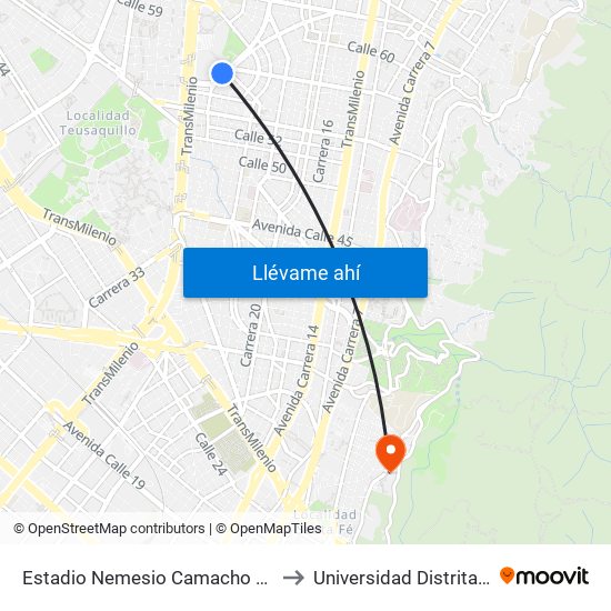 Estadio Nemesio Camacho El Campín (Ak 24 - Cl 53b) to Universidad Distrital Sede Macarena A map