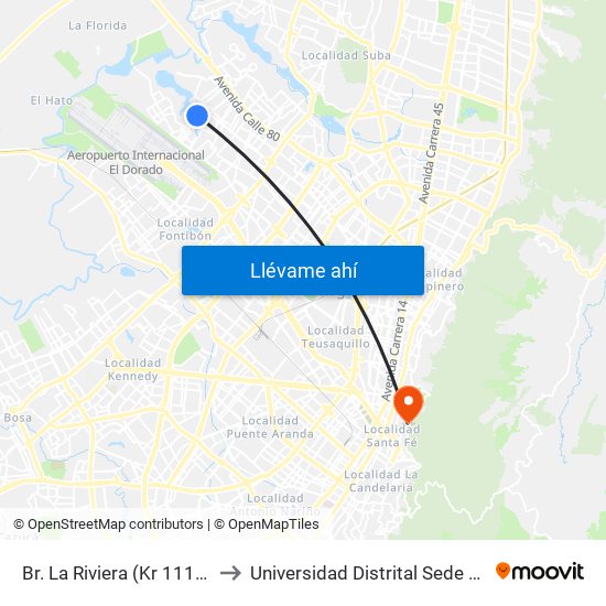 Br. La Riviera (Kr 111c - Cl 70f) to Universidad Distrital Sede Macarena A map