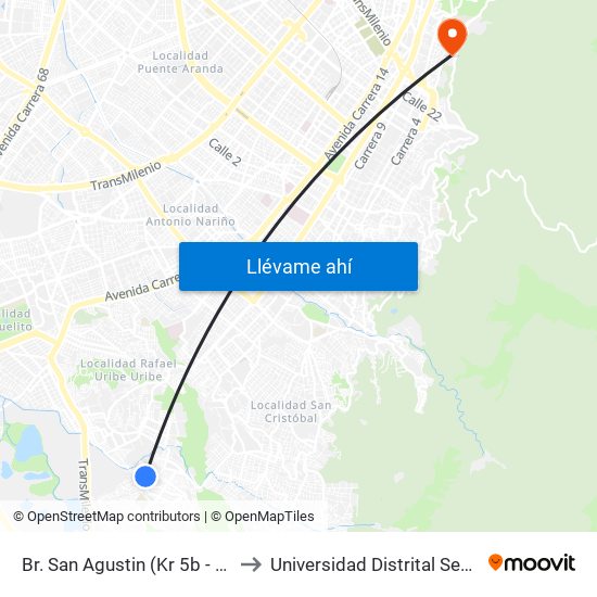 Br. San Agustin (Kr 5b - Cl 48z Bis Sur) to Universidad Distrital Sede Macarena A map