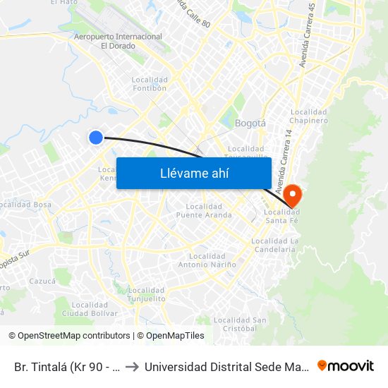 Br. Tintalá (Kr 90 - Cl 6a) to Universidad Distrital Sede Macarena A map