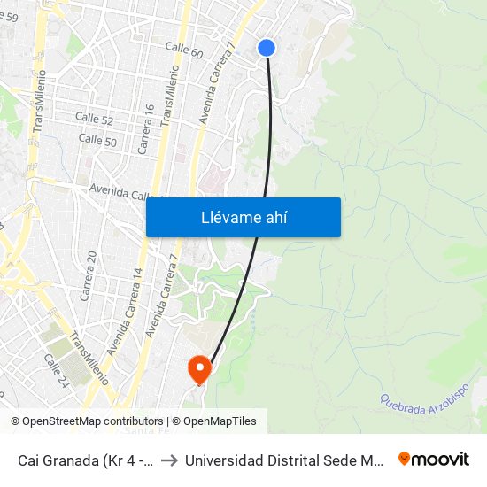 Cai Granada (Kr 4 - Cl 64) to Universidad Distrital Sede Macarena A map