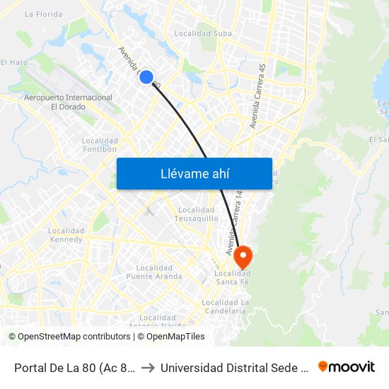 Portal De La 80 (Ac 80 - Kr 96) to Universidad Distrital Sede Macarena A map