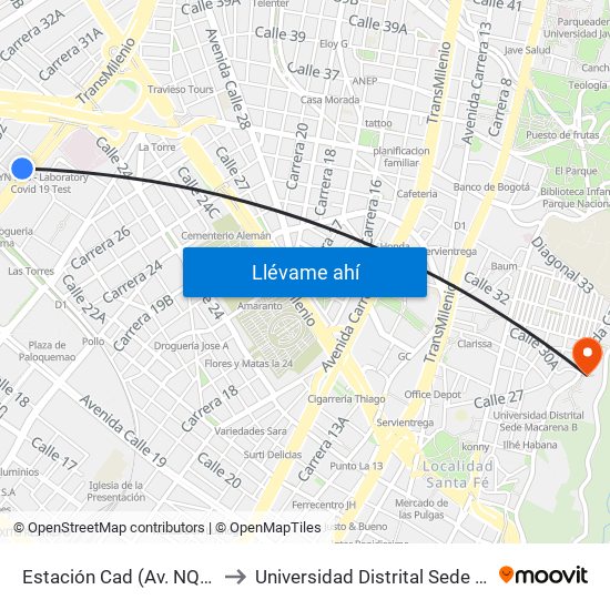 Estación Cad (Av. NQS - Cl 22b) to Universidad Distrital Sede Macarena A map