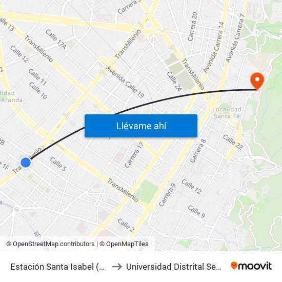 Estación Santa Isabel (Av. NQS - Cl 2) to Universidad Distrital Sede Macarena A map