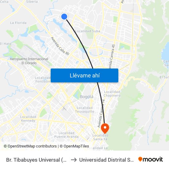 Br. Tibabuyes Universal (Tv 127 - Dg 138c) to Universidad Distrital Sede Macarena A map