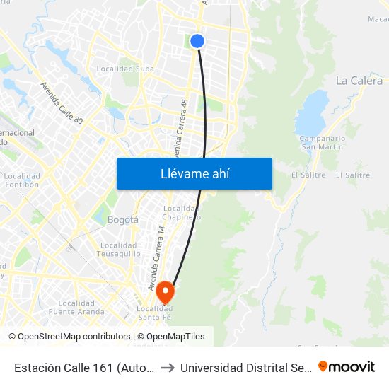 Estación Calle 161 (Auto Norte - Ac 161) to Universidad Distrital Sede Macarena A map