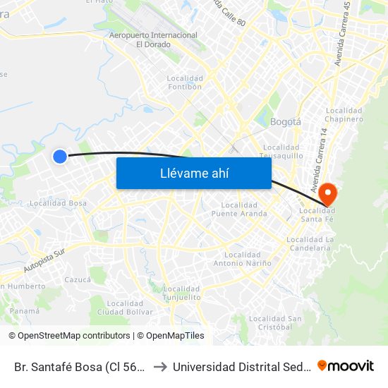 Br. Santafé Bosa (Cl 56f Sur - Kr 98c) to Universidad Distrital Sede Macarena A map