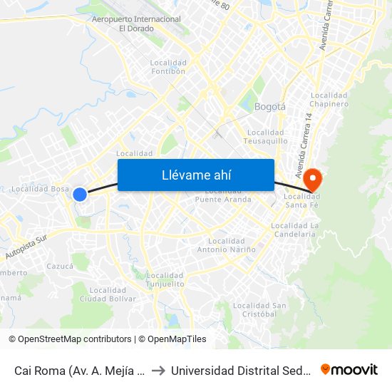 Cai Roma (Av. A. Mejía - Cl 55a Sur) to Universidad Distrital Sede Macarena A map