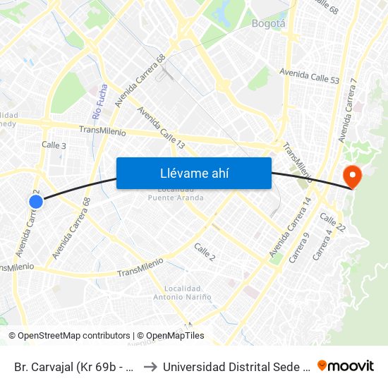 Br. Carvajal (Kr 69b - Cl 37a Sur) to Universidad Distrital Sede Macarena A map