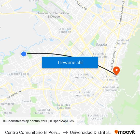 Centro Comunitario El Porvenir (Cl 52 Sur - Kr 100) to Universidad Distrital Sede Macarena A map