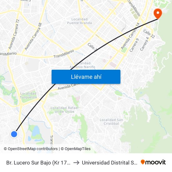 Br. Lucero Sur Bajo (Kr 17m - Cl 66a Sur) (A) to Universidad Distrital Sede Macarena A map