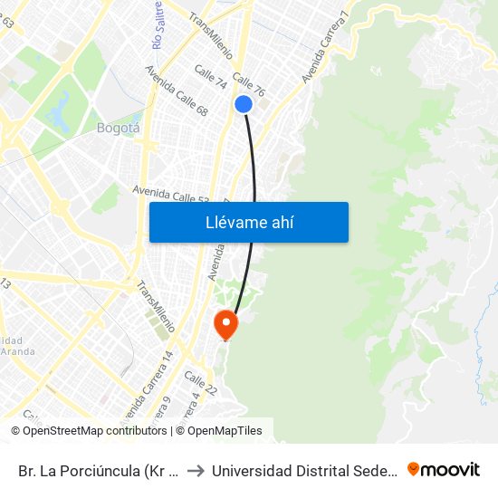Br. La Porciúncula (Kr 13 - Ac 72) to Universidad Distrital Sede Macarena A map