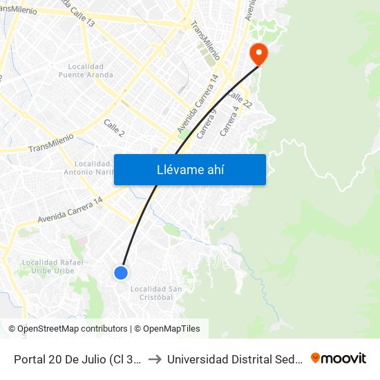 Portal 20 De Julio (Cl 32 Sur - Kr 3f) to Universidad Distrital Sede Macarena A map