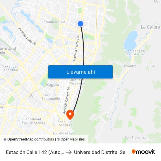 Estación Calle 142 (Auto Norte - Cl 144) to Universidad Distrital Sede Macarena A map