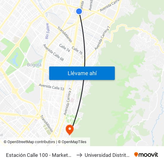 Estación Calle 100 - Marketmedios (Auto Norte - Cl 95) to Universidad Distrital Sede Macarena A map