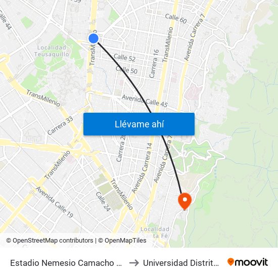 Estadio Nemesio Camacho El Campín (Av. NQS - Cl 53) to Universidad Distrital Sede Macarena A map