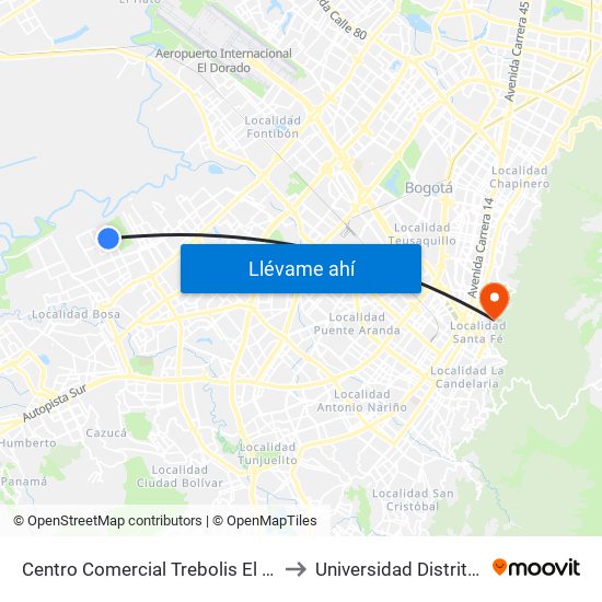 Centro Comercial Trebolis El Porvenir (Kr 95a - Cl 49c Sur) to Universidad Distrital Sede Macarena A map