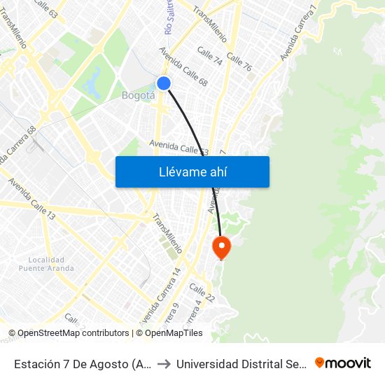 Estación 7 De Agosto (Av. NQS - Cl 63f) to Universidad Distrital Sede Macarena A map