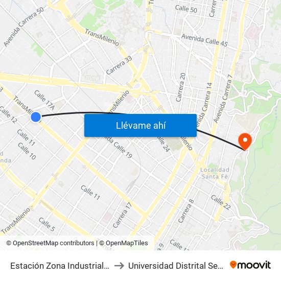 Estación Zona Industrial (Ac 13 - Kr 38) to Universidad Distrital Sede Macarena A map