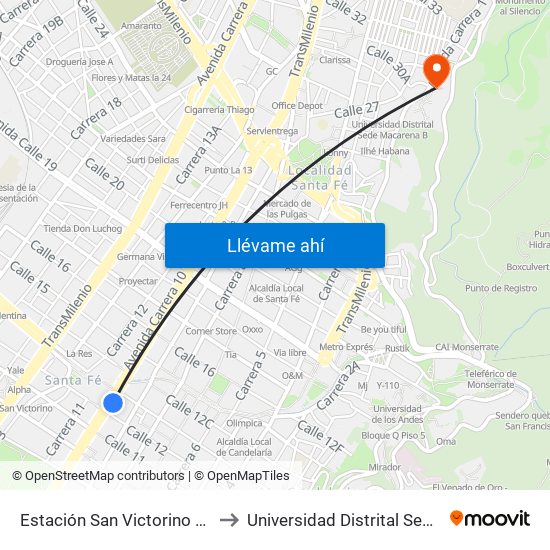 Estación San Victorino (Ak 10 - Cl 12) to Universidad Distrital Sede Macarena A map