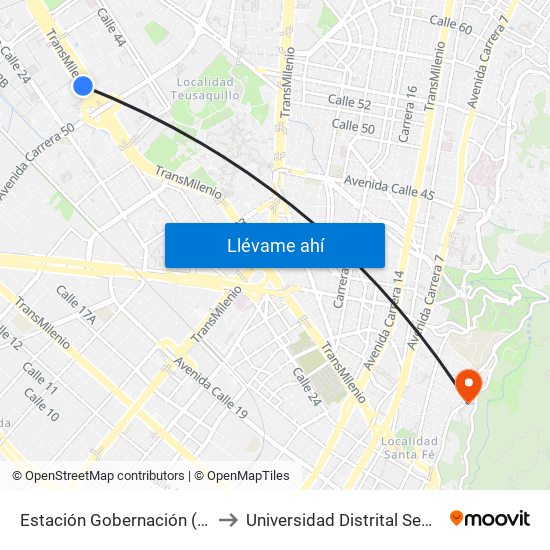 Estación Gobernación (Ac 26 - Kr 51) to Universidad Distrital Sede Macarena A map