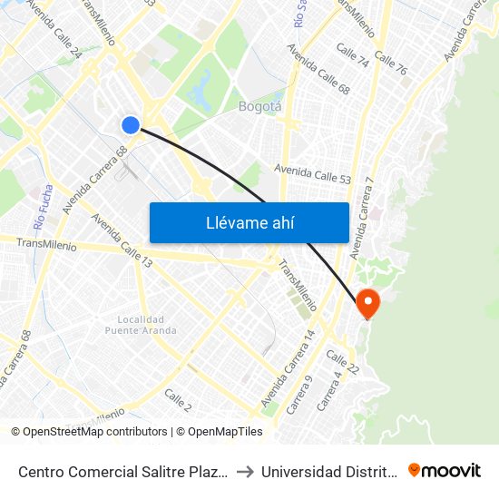 Centro Comercial Salitre Plaza (Av. La Esperanza - Kr 68a) to Universidad Distrital Sede Macarena A map