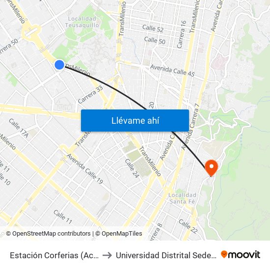 Estación Corferias (Ac 26 - Kr 40) to Universidad Distrital Sede Macarena A map