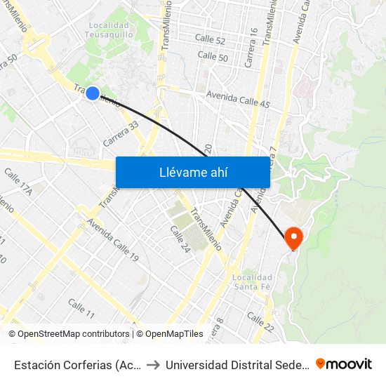 Estación Corferias (Ac 26 - Kr 39) to Universidad Distrital Sede Macarena A map